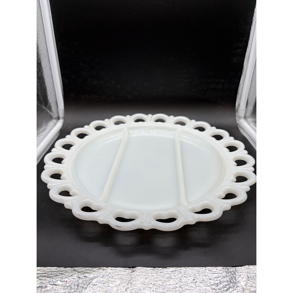 Westmoreland Milk Glass Relish Dish Old Quilt Lace Heart Edge Divided Plate 12in